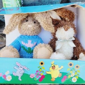 Hugfun Vintage Plush Easter Bunny Rabbits Set in Box Spring Decor 98 Collectible